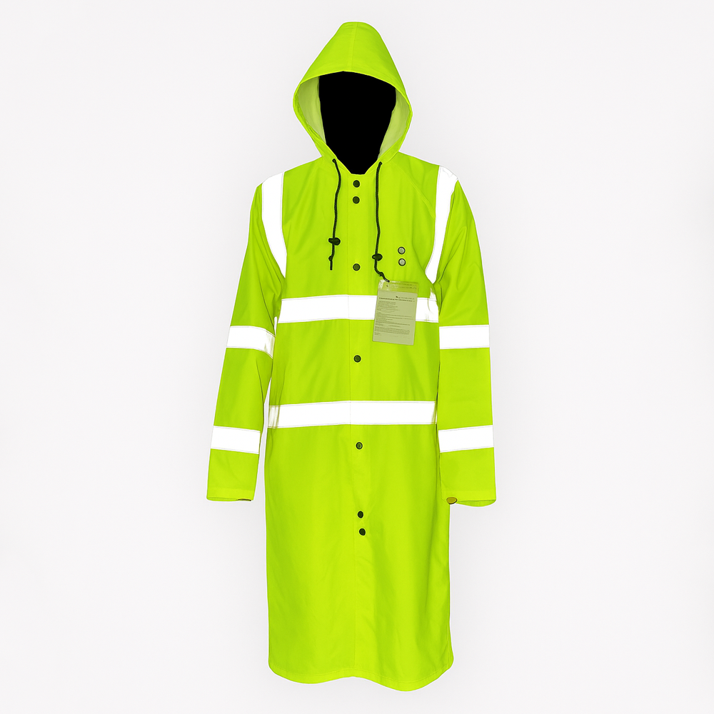 High Visibility Waterproof Safety Raincoat with Reflective Tape – Long Length with Hood