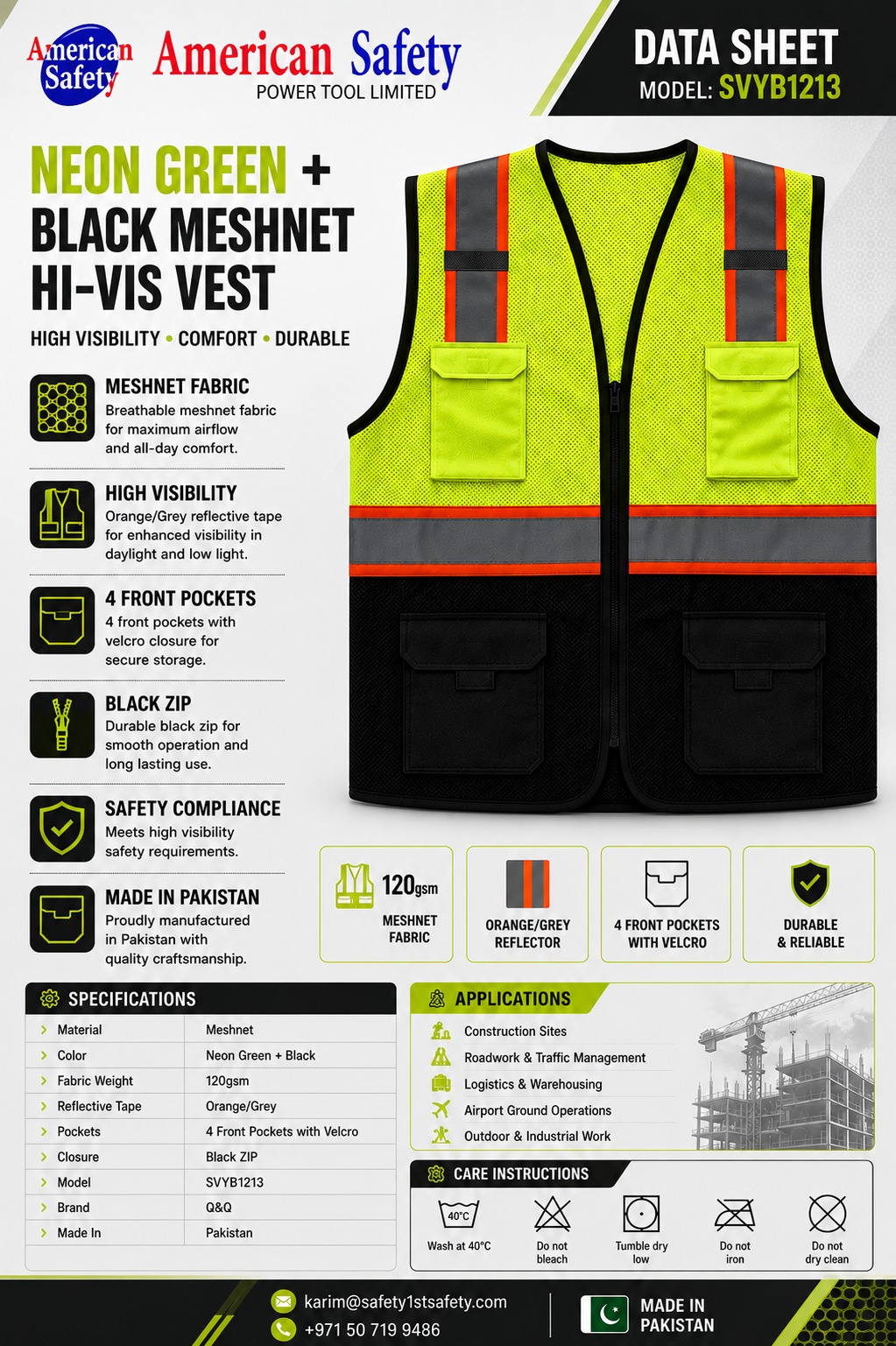 Neon Green & Black Meshnet Hi-Vis Safety Vest - Image 2